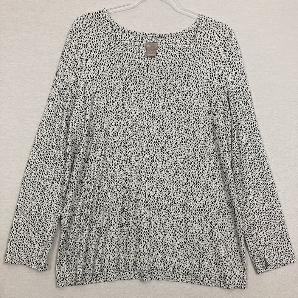 Chico's Black White Polka Dot Round Neck Long‎ Sleeve Pullover Top Large